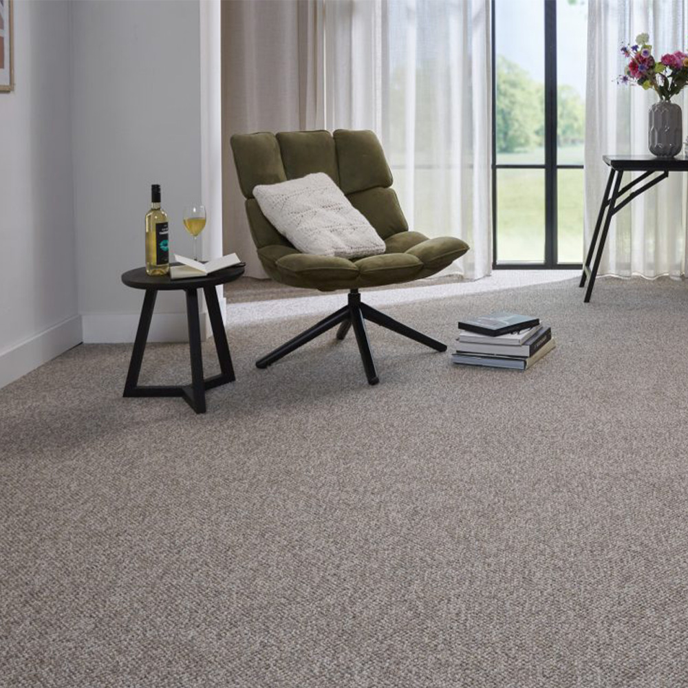 Lewis Roomshot Modern carpeted living room with armchair and large windows