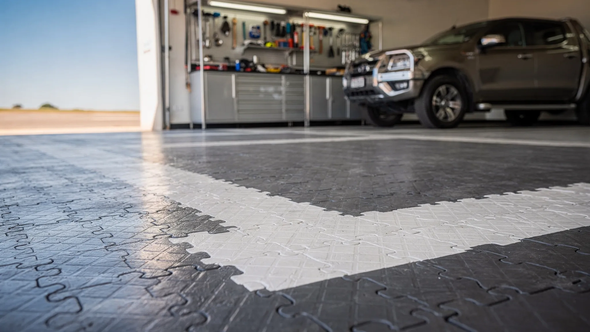 interlocking tiles installed in a modern South African garage